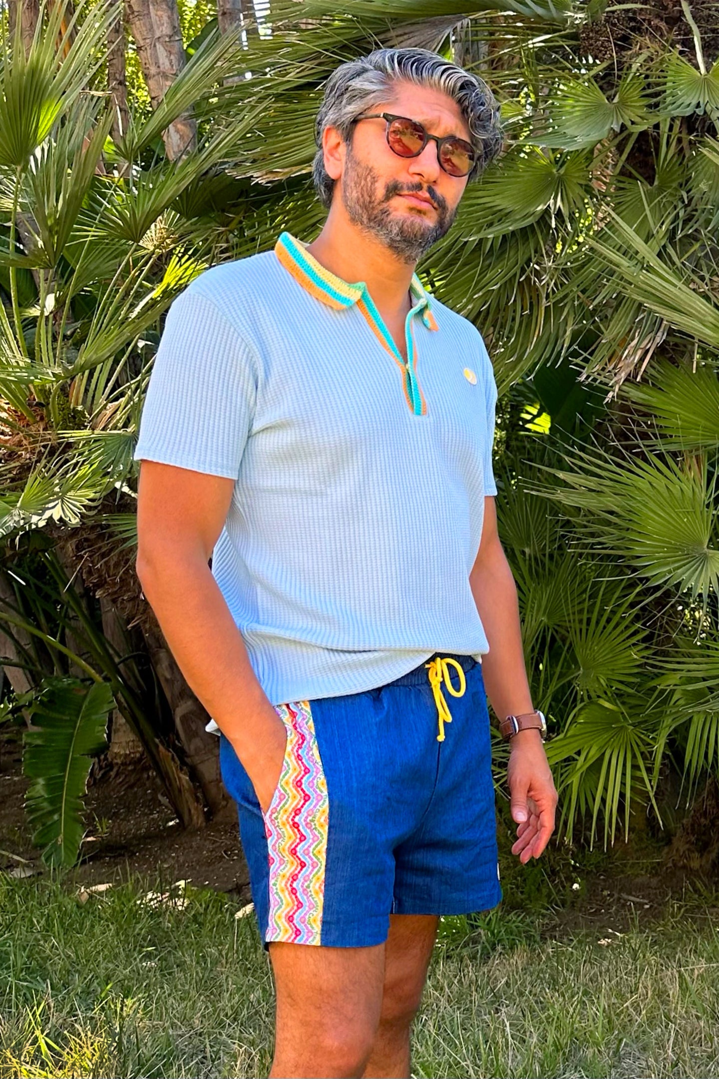 Cotton Knit Crochet Polo in Blue